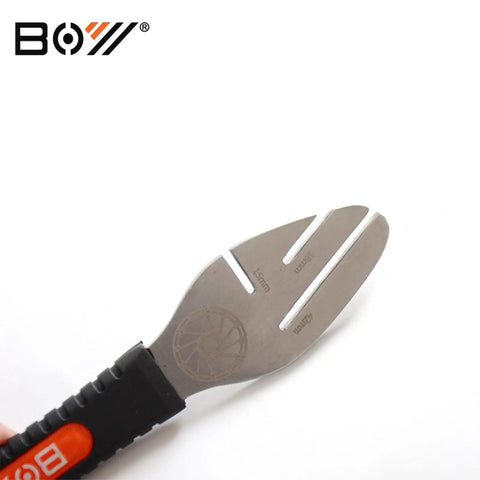 Close-up of Disc Brake Pad Spreader Tool And Rotor Truing Fork for Bicycle Maintenance DIY Friendly detailed view.