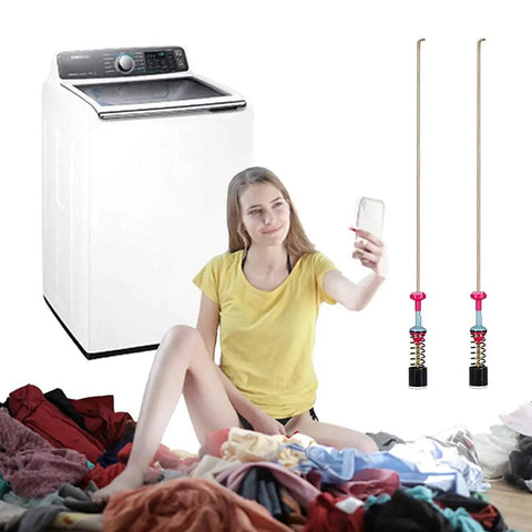 Upgraded DC97-05280S Washer Suspension Rods Set Of 4 27.5 Inch Beefed-Up Damper Assembly next to a washer and person with laundry pile