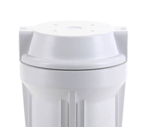 10 Inch White RO Filter Housing With Flat Cap For Home Water Systems, White Polypropylene Body, One Quarter Inch Ports, 75 PSI Max