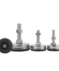 Top Shelf 304 Stainless Steel Furniture Feet With Non Slip Rubber Pads Adjustable M6 To M20 Levelers 180mm shown in four sizes with rubber bases.