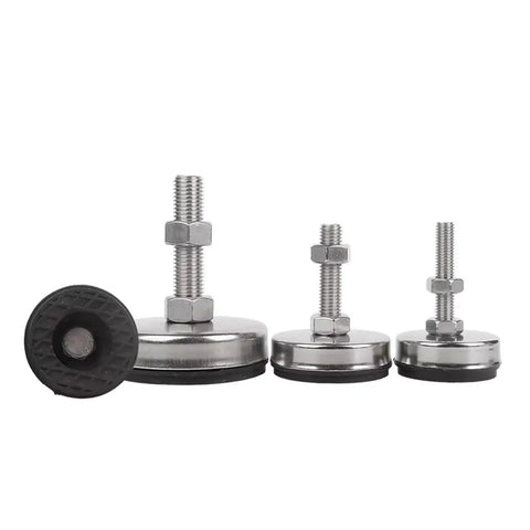 Top Shelf 304 Stainless Steel Furniture Feet With Non Slip Rubber Pads Adjustable M6 To M20 Levelers 180mm shown in four sizes with rubber bases.