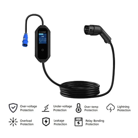 Adjustable Current Delay Level 2 Portable EV Charger 16A 32A High Speed EVSE Charging Station with protection icons