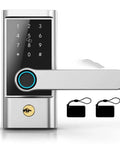 Rock Solid Smart Door Lock With Slick Fingerprint Scanner App Remote Control Built Tough Stainless Steel Latch showing keypad and handle.