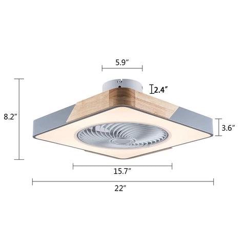 Enclosed Ceiling Fan With Light And Remote, 22 Inch Sleek Low Profile Wood And Metal Housing, Semi Flush Mount, Square Gray