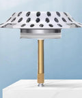 Hair Stopper Catcher Anti-Clogging Bathtub Drain Stopper with Strainer, dual-function, metallic gold stem, sleek design.