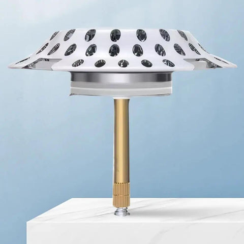 Hair Stopper Catcher Anti-Clogging Bathtub Drain Stopper with Strainer, dual-function, metallic gold stem, sleek design.