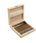 Badass 13 Piece Flat Spade Drill Bit Set Featuring Slick Quarter Inch Hex Shank For Clean Wood Boring And Pro Grade Woodworking Power Tool Accessories Rugged Storage Case Included, displayed in a wooden case.