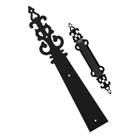 Heavy Duty Steel Garage Door Hardware Kit With Soft Close Hinges And Decorative Handles No Hassle Setup Smooth Glide Action Built Like A Tank For Daily Use black decorative handle and hinge set features intricate designs.