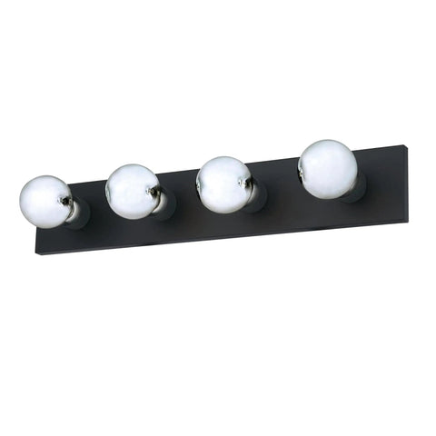 Four Light Vanity Light Fixture In Matte Black Low Profile Backplate Fits Tight Spaces Between Cabinets And Ceiling Vertical Or Horizontal Mount Easy Install With Included Hardware, angled view