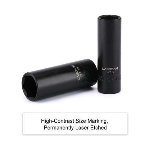 High-contrast marking on Beefy 12 Piece 3/8 Inch Drive Impact Socket Set With 6-Point SAE Deep Sockets CR-V Steel, Black Phosphate Finish.