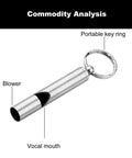 Two Pack Mini Stainless Steel Survival Whistles with keychain shown in detailed view