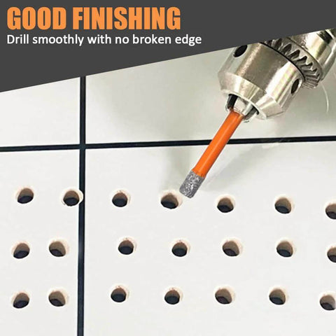 Diamond tile drill bit on white ceramic tile; orange bit with hex shank for dry drilling.