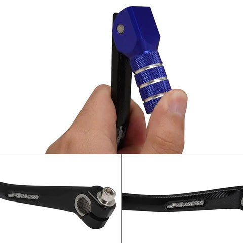 Folding Gear Shifter Lever For 50cc To 125cc Pit Bikes And Dirt Bikes CNC Aluminum 6061T6 close-up with knurled blue tip