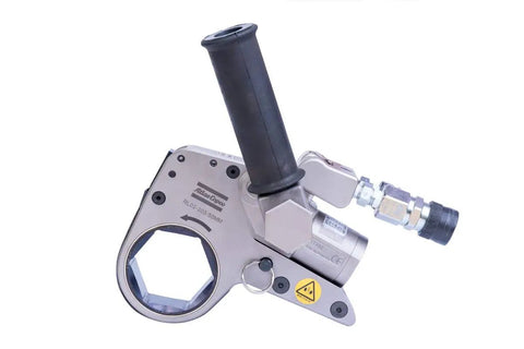 Badass Low Profile Hydraulic Torque Wrench Built From Aircraft Grade Aluminum And Heavy Duty Industrial Hand Tool for 255 to 1710 Ft Lbs with rubber grip handle.