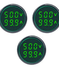 Three Piece AC Current And Voltage Indicator With Two Digit LED Display, 22mm Round Head, Multi Function Meter For Electrical Panels, Industrial Gear, Marine Gear, And Textile Machinery, Green.