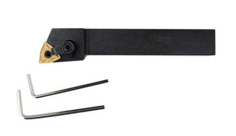Pro Grade Indexable Turning Tool Holder Kit with three quarter inch shank, carbide insert, and wrenches for easy indexing.