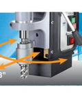 Heavy Duty Reversible Magnetic Drill With Rock Solid Grip And 10.5 Amp Motor Crushing Steel Fabrication Up To Two And One Sixteenth Inch Diameter Capacity Dual Speed Settings showing 20° motion and 5/8 inch bit.
