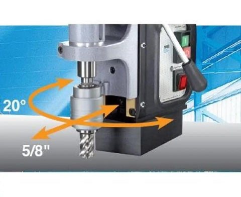 High Performance Portable Magnetic Drill With Bulletproof Swivel Base And Killer Quick Change Keyless Cutter Setup Featuring Auto Feed Oil Tank For Zero Hassle Heavy Duty Steel Boring Job close-up of cutter with 20-degree adjustment and 5/8 inch drill bit.