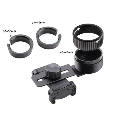 Phone Mount For Telescope And Optics, Adjustable Adapter, showing quick twist lock clamp and eyepiece rings in various sizes.