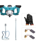 Powerful 2100W Portable Concrete Mixer With Six Speed Settings, mixer parts, gloves, and components displayed on white background.