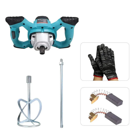 Powerful 2100W Portable Concrete Mixer With Six Speed Settings, mixer parts, gloves, and components displayed on white background.