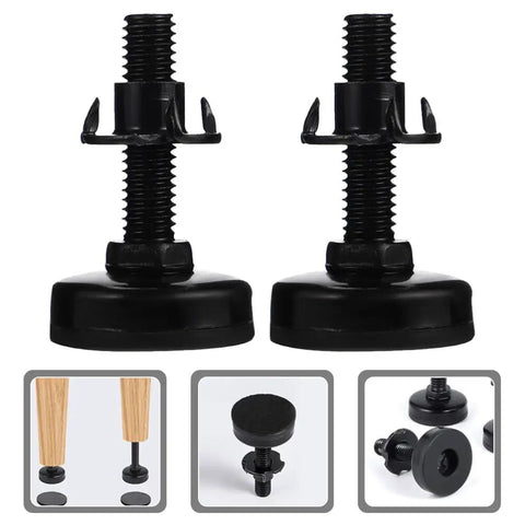 Rock Solid Adjustable Sofa Feet And Furniture Levelers Heavy Duty leg supports, black adjustable sofa levelers, close-up view.