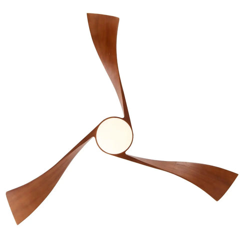 52" Modern Wood Ceiling Fan with Dimmable LED Light, 3 hand-carved solid wood blades and round light fixture.