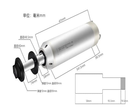 Industrial 7.5Kw Water Cooled Spindle Motor For Cnc Machining showing detailed dimensions and solid stainless steel build.