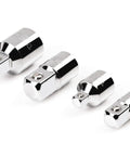 Four Piece Drive Adapter And Reducer Set For Quarter Inch Three Eighths Inch And Half Inch Drives Designed To Expand Your Socket And Accessory Range For Quick Tool Free Swaps Across Sockets Wrenches And Ratchets, showing chrome adapters and reducers on white background.
