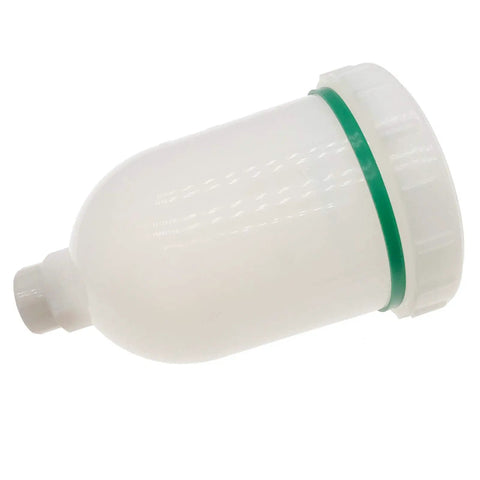 Heavy Duty 300ml Plastic Spray Airbrush Pot With Threaded Fitting For HVLP Gravity Fed Mini Paint Guns And Pneumatic Tools, side view.