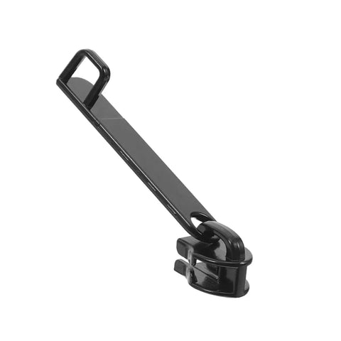 Close-up of a metal zipper pull and slider from a 6 Piece Metal Zipper Pull Replacement Kit For Luggage And Travel Gear With Durable Zipper Heads And Sliders Fits Seven Point Five Millimeter Teeth Zippers Easy Fix For Stuck Or Broken Zippers On Suitcases And Backpacks.
