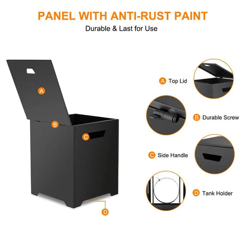 Propane Tank Hideaway Table For 20Lb Tank with open lid, side handle, and durable screw, showing black stainless steel material.