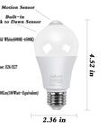 Motion Sensor Light Bulbs 4 Pack Dope 12W 100W Equivalent E26 Base Dusk To Dawn with dimensions and specifications.