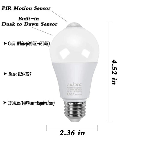 Motion Sensor Light Bulbs 4 Pack Dope 12W 100W Equivalent E26 Base Dusk To Dawn with dimensions and specifications.