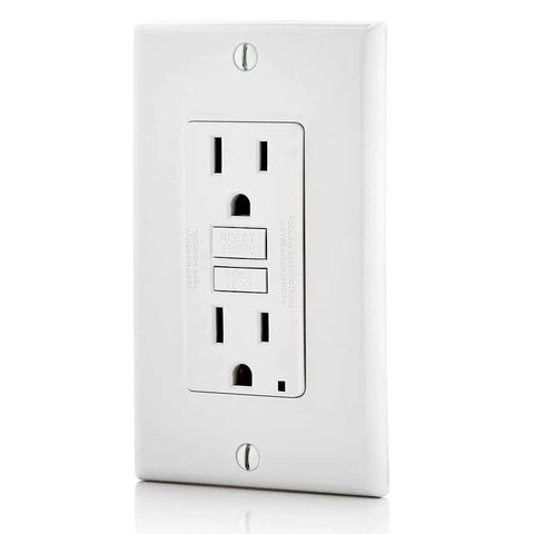 Slim GFCI Receptacle 15 Amp White Outlet Featuring Smart Ground Fault Shutoff And Hassle Free Reset for electrical safety.