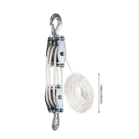 Rope Pulley Hoist System With Six To One Lifting Power And 2200 Pounds Breaking Strength Wooden Handle Construction For Built Tough Durable And Sleek Home Garage And Workshop Upgrades with 1500cm rope