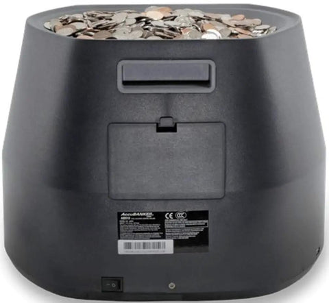 Pro Grade USD Coin Counter And Sorter With 3000 Coin Hopper, rear view filled with coins
