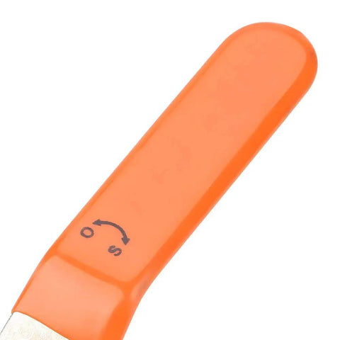 Orange handle of a tool with markings, showing direction indicators, designed for easy grip and control.