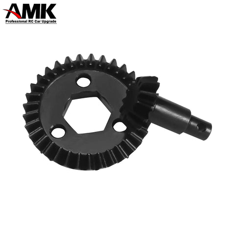 Close-up of Metal Bevel Gear Set 13T and 23T for one-tenth scale RC crawlers, black oxide finish, steel material.
