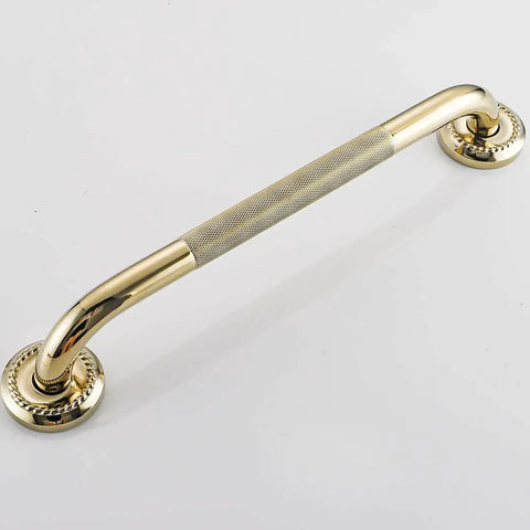 Textured Shower Grab Bar 16 Inch Bathroom Support Rail With Polished Brass Finish, no slip grip design, angled view