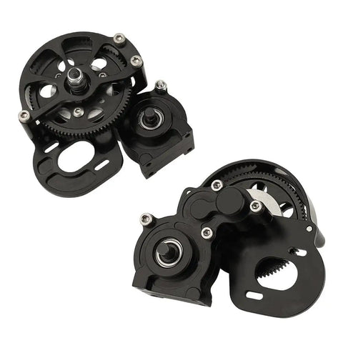 Full Metal Transmission Gearbox With Steel Gear Set for 1/10 RC Crawlers, half open shell, CNC aluminum protective cover shown