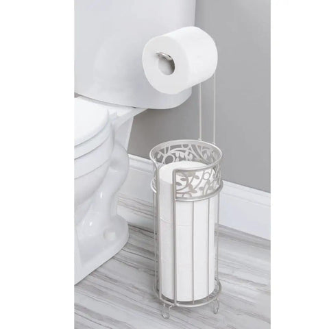 Freestanding Toilet Paper Holder No Drill Install Holds 3 Spare Rolls Matte Silver Bathroom Dispenser beside toilet