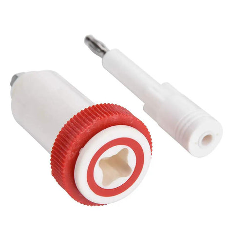 Heavy Duty High Voltage Banana Plug Cross Adapter Designed To Go The Distance With Slick Gold Plated Threads That Lock Tight For Reliable 10KV Power Lab Connections White And Red, featuring gold plated tips and a durable locking grip.