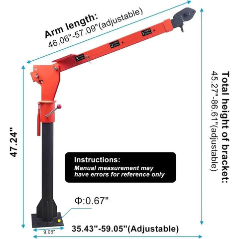 Heavy Hauler Electric Hoist For Pickup Trucks With Folding Bed Jib Crane And 2000 Lbs Winch Adjustable Boom dimensions showing arm and height adjustments.