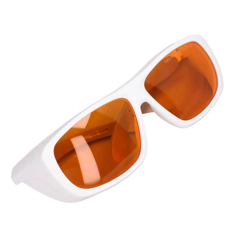Straight Up Heavy Duty Laser Safety Glasses Broad Spectrum OD Five Plus Coverage in white frame with orange lenses.