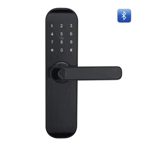Bluetooth Digital Lock With Code Card Fingerprint App And Key Unlocks For Right Hand Doors, black, keypad view.