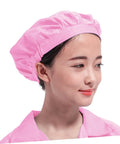 Four Pack Pro Grade Anti Static Workshop Hats For Adults Heavy Duty Polyester Cleanroom Caps Zero Lint Dustproof Safety Gear For The Daily Grind In White Pink Yellow, pink cleanroom cap modeled by a woman.