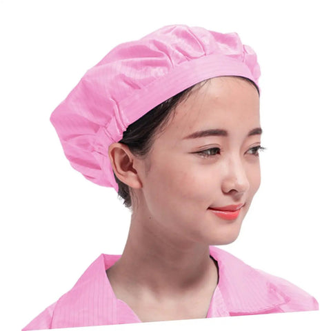 Four Pack Pro Grade Anti Static Workshop Hats For Adults Heavy Duty Polyester Cleanroom Caps Zero Lint Dustproof Safety Gear For The Daily Grind In White Pink Yellow, pink cleanroom cap modeled by a woman.
