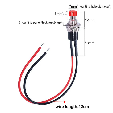 12 Pack 7mm Prewired Momentary Push Buttons SPST NO NC 2-Pin for Model Railways Hobby, red button dimensions.