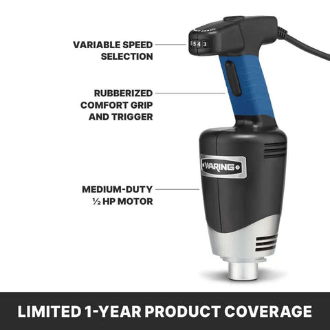 Pro Kitchen Workhorse Immersion Blender With Rock Solid Variable Speed And A Versatile 10 Inch Stainless Shaft, featuring variable speed selection and comfort grip.